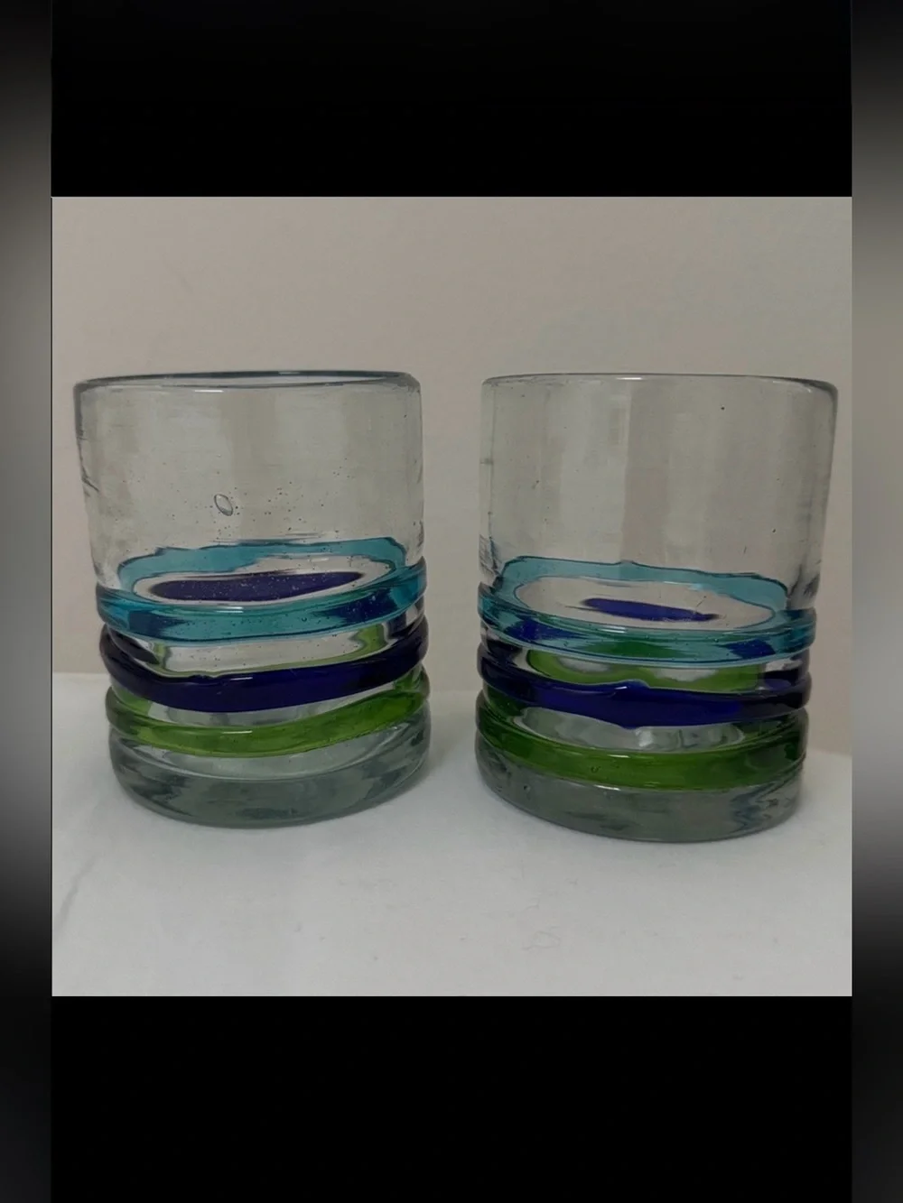 MEXICO HANDBLOWN TUMBLER GLASSES 2 SET STRIPES Cobalt Aqua Green Barware 12 oz